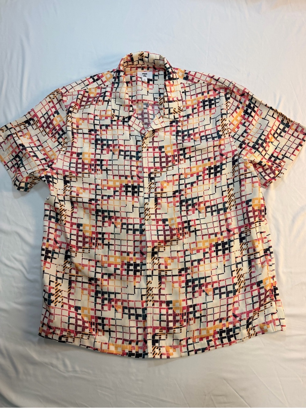 Mode of One Retro Geometric Button Up Shirt Large Abstract Print Short Sleeve